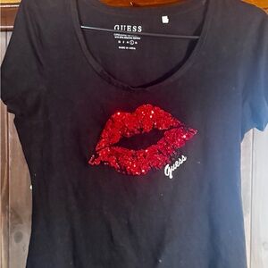 Guess Black Tee with Red Sequin Lip Appliqué